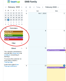 Screenshot showing band color filters on the calendar